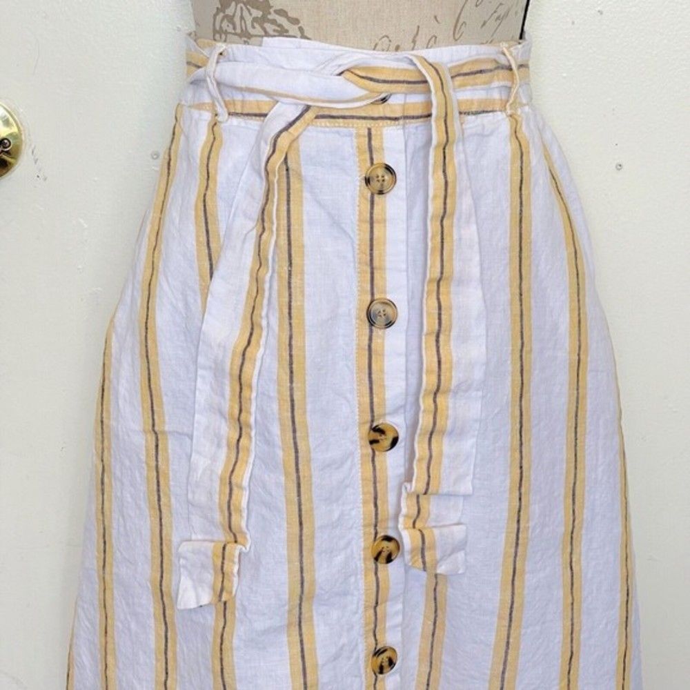 Cynthia Rowley Womens Skirt 100% Linen Striped Yellow Pockets Tied Midi Medium - Picture 5 of 12